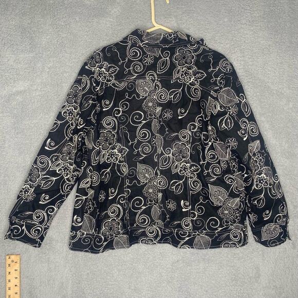 Susan Graver style embroidered linen blend blazer jacket black button FLAWED L - Picture 3 of 7